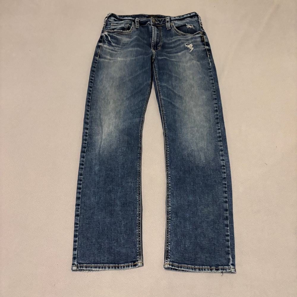 Silver Jeans‎ Grayson Easy Fit Straight Leg Distressed Blue Denim Grunge Western